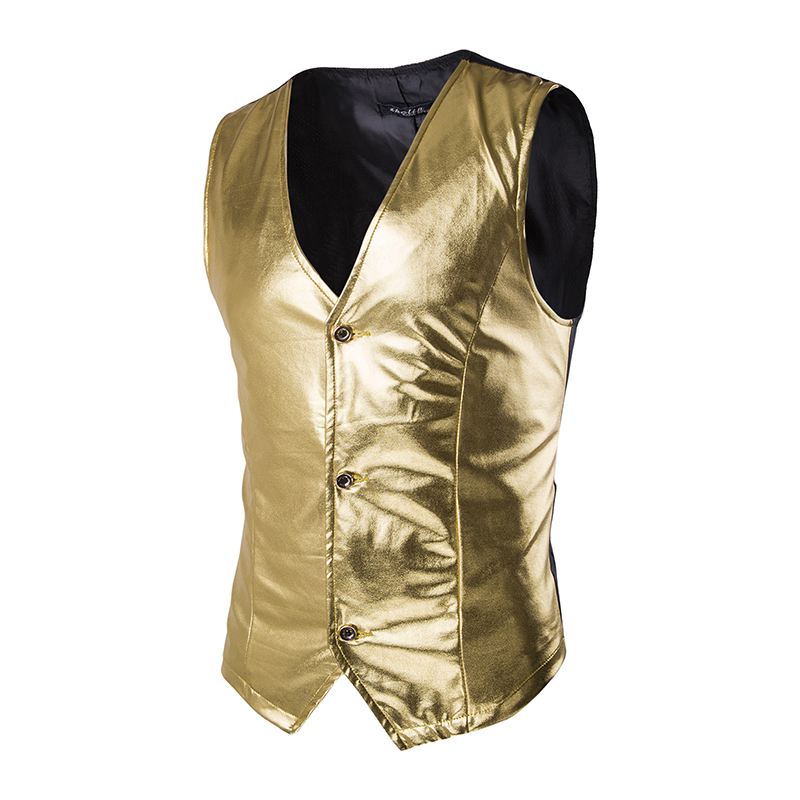 

Shiny Gold Coated Metallic Blazer Vest Men Slim Fit Nightclub Perform Waistcoat Men Party Prom Stage Singer Gilet Homme Costume, Black