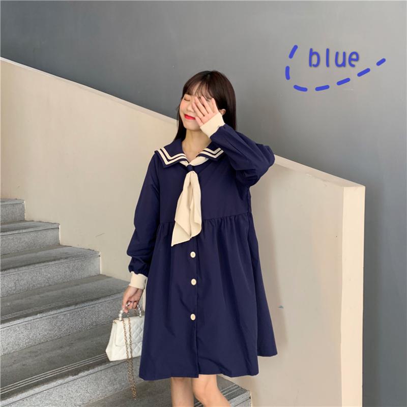 

Sweet beauty dress ladies spring autumn Korean preppy style fashion brand Women' Clothing sailor collar tie knee dresses hot, Blue