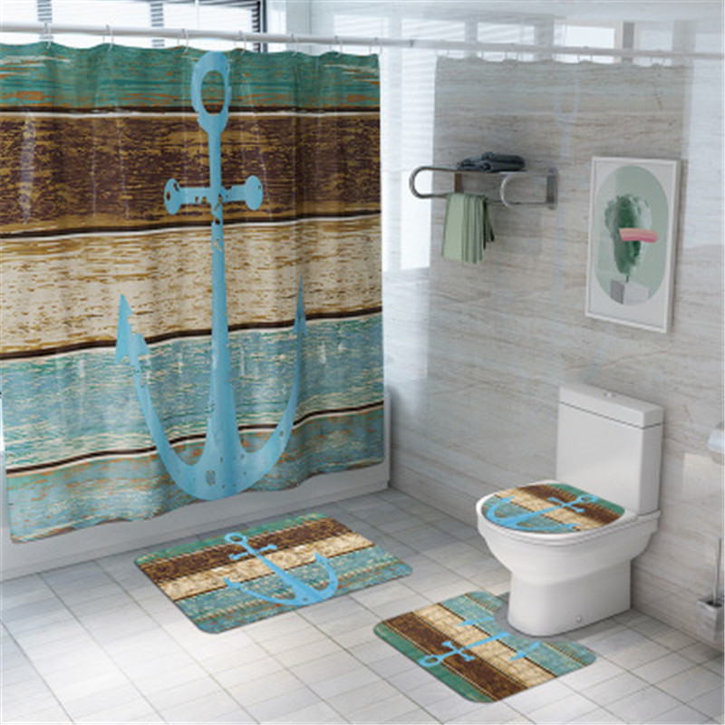 

4Pcs/set Bathroom Mat Set Non-slip Planks and anchor Bath Mat Coral Fleece Shower Curtain Floor Washable Bathroom Toilet Rug