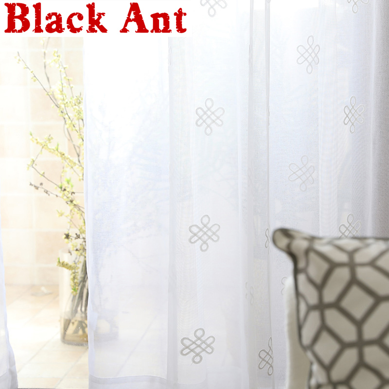 

Modern Tulle Curtain Solid White Chinese knot Embroidered Voile Screen for Bedroom Living room Kitchen Sheer Window Panel M239#3
