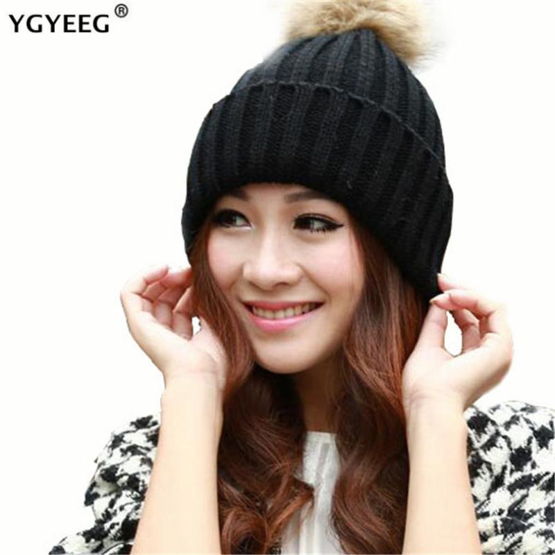 

YGYEEG Pompom Winter Hat For Women Skullies Fur Beanies Knitted Beanie Hat Ear Protect Casual Cap Crochet Female Elastic Hats, M059 leather pink