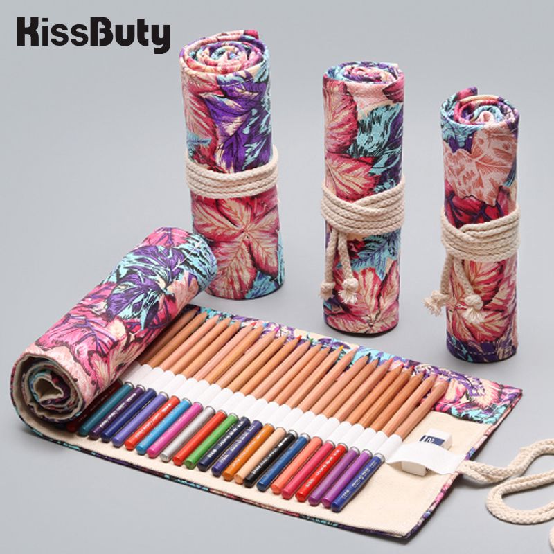 

24/36/48 Holes School Pencil Case Roll Penal Pencilcase Canvas Large Pen Bag for Girls Boys Stationery Pouch