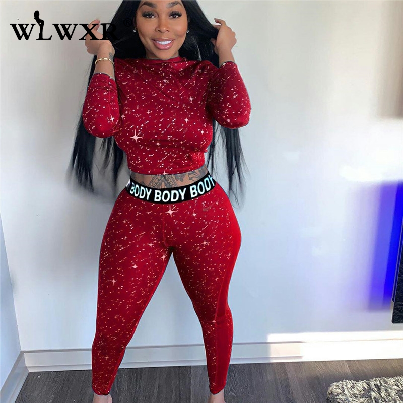 

WLWXR Streetwear Glitter 2 Piece Set Women Outfits Fitness Bodycon Long Sleeve Crop Top Pants Women Activewear Tracksuit Female, Brown