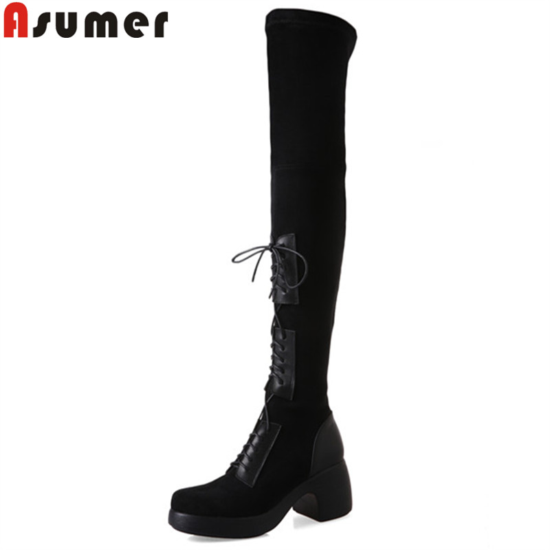 

ASUMER 2020 new stretch+cow leather boots women round toe slip on over the knee boots thick heels autumn winter platform, Black