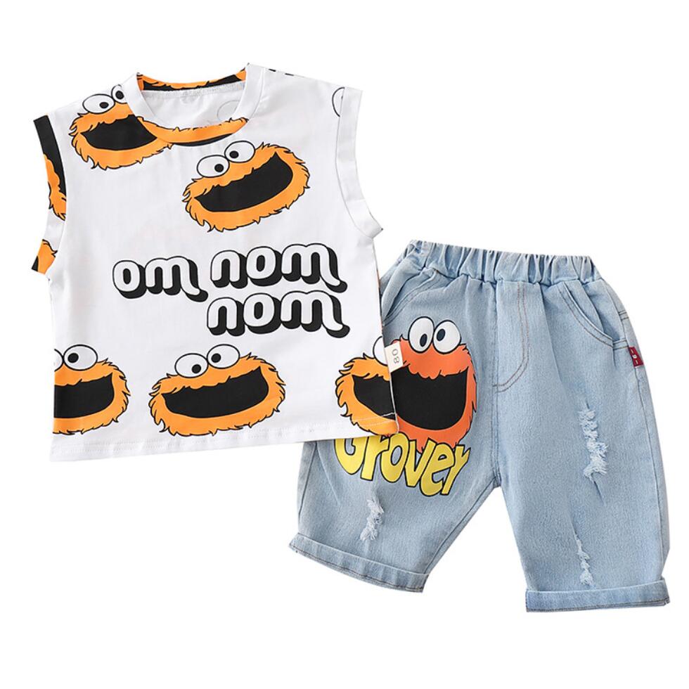 

Summer Children Newborn Boys Clothes Kids Clothing Infant Suit Toddler Boy's cartoon vest + Jeans set Baby Casual Tracksuit, Blue