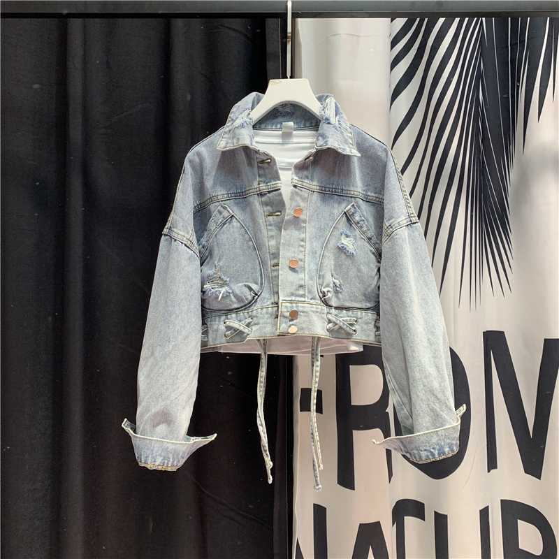 

Short Jeans Jacket Women Holes Bandage Cloth Retro Loose-Fit SpringAutumn Denim Jackets Coats Chaquetas Mujer 2020, Light blue