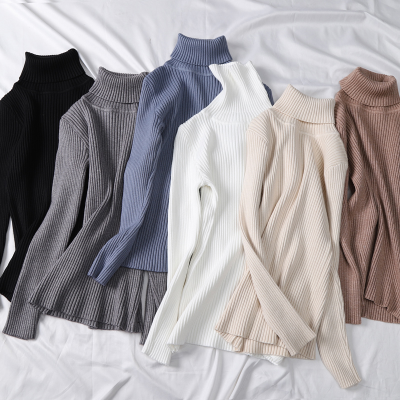 

Luck A Winter Women Autumn Knitted Turtleneck Sweater Casual Slim Sweaters Pullover Womens Long Sleeve Elasticity Sweater, Black