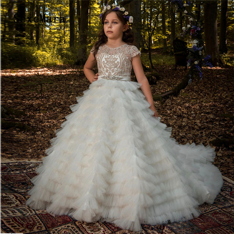 

Champagne Lace Tiered Tulle Puffy Flower Girl Dress for Wedding Ball Gown Girls Pageant Dress Birthday Gown First Communion, Pink