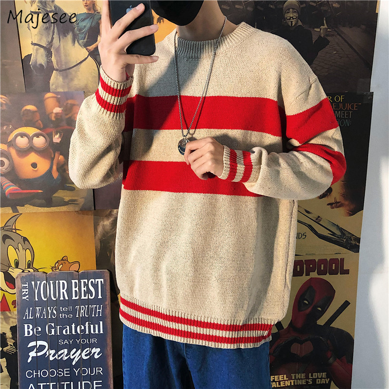 

Sweaters Men Pullovers Striped Thick Winter Ins Fashion All-match Chic Loose Korean Style Mens Pullover Ulzzang Teens Streetwear, Khaki
