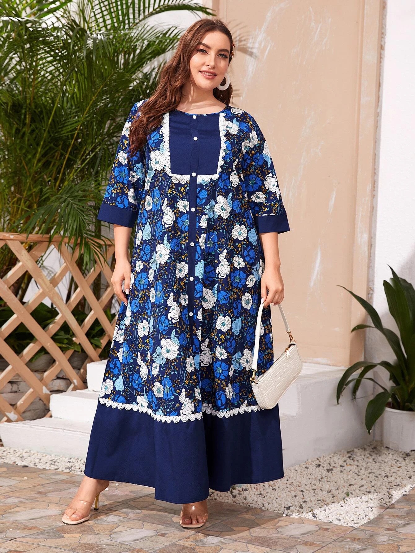 

Women's Plus size Dresses Empire V-Neck Flora Printed Dresses Autumn 3/4 Sleeve Casual Dresses Ankle-Length, Blue