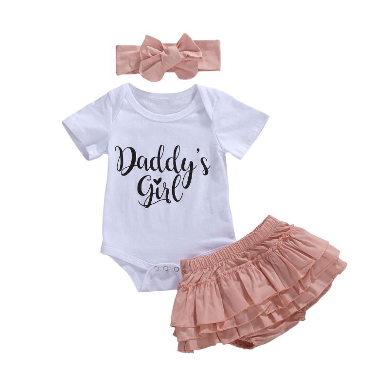 

0-18M Newborn Baby Girls Outfit Summer Short Sleeve Collar Letter Romper Ruffle Short Pant Bow Headwear 3Pcs Set, As pic
