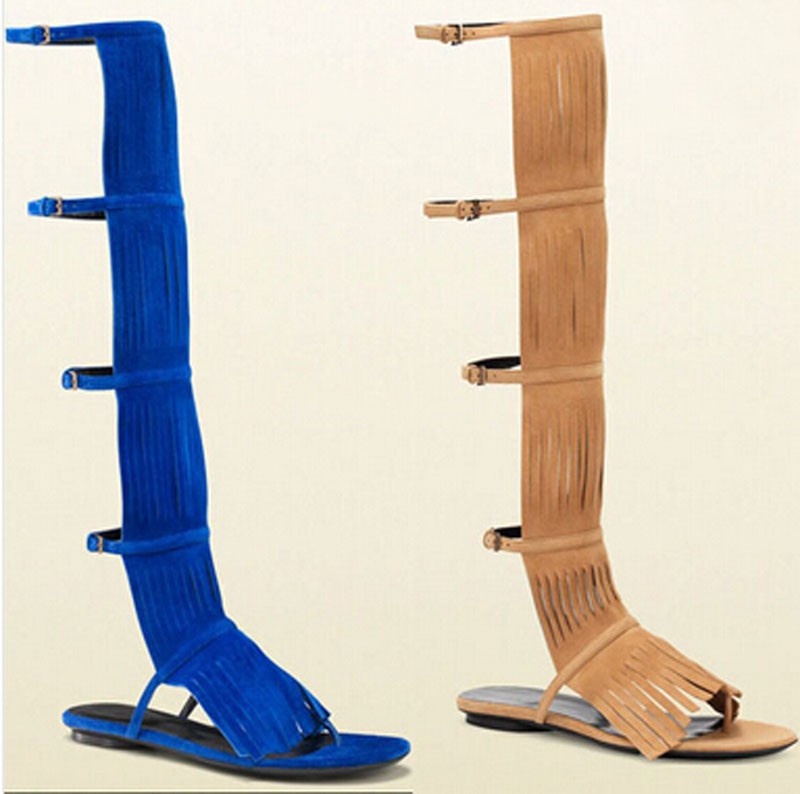 

New design suede fringed knee high gladiator sandal boots for woman cut-outs ankle buckle sandals free ship, As showed color