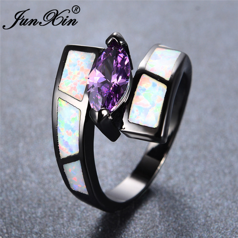 

JUNXIN Boho Female Male White/Blue Fire Opal Rings For Women Black Gold Filled Pink Purple Zircon Marquise Ring Wedding Jewelry3996533