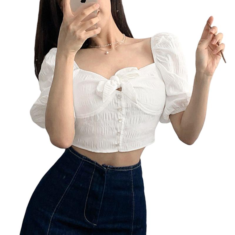 

Chiffon Short Puff Sleeve Crop Tops Tees Womens England Style Fairy Lady Tied Square Neck/ Off Shoulder Button Stitch T-Shirts, White
