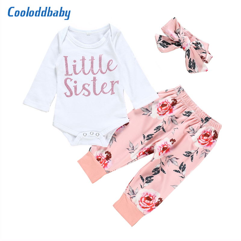 

New Fall Newborn Infant Baby Girl Clothes Set Little Sister Bodysuit Cotton Baby Romper Flower Pants Toddler Girl Clothes Outfit, Beige