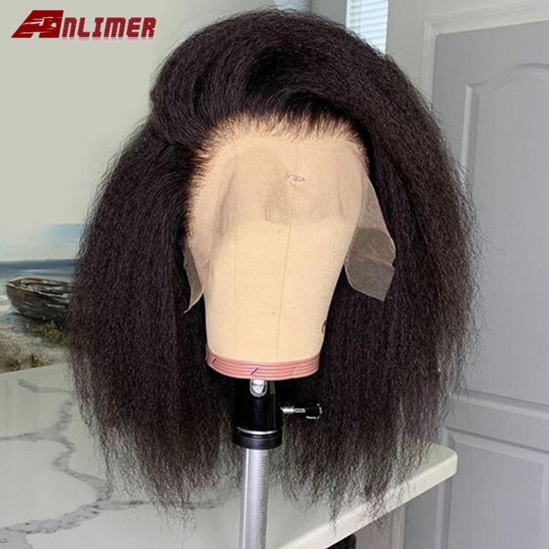 

Kinky Human Hair Wig Short Bob Yaki Straight Lace Front Human Hair Wigs With Baby 13x5 Deep Part Lace Front Wigs Remy, 5x5 pu lace wig