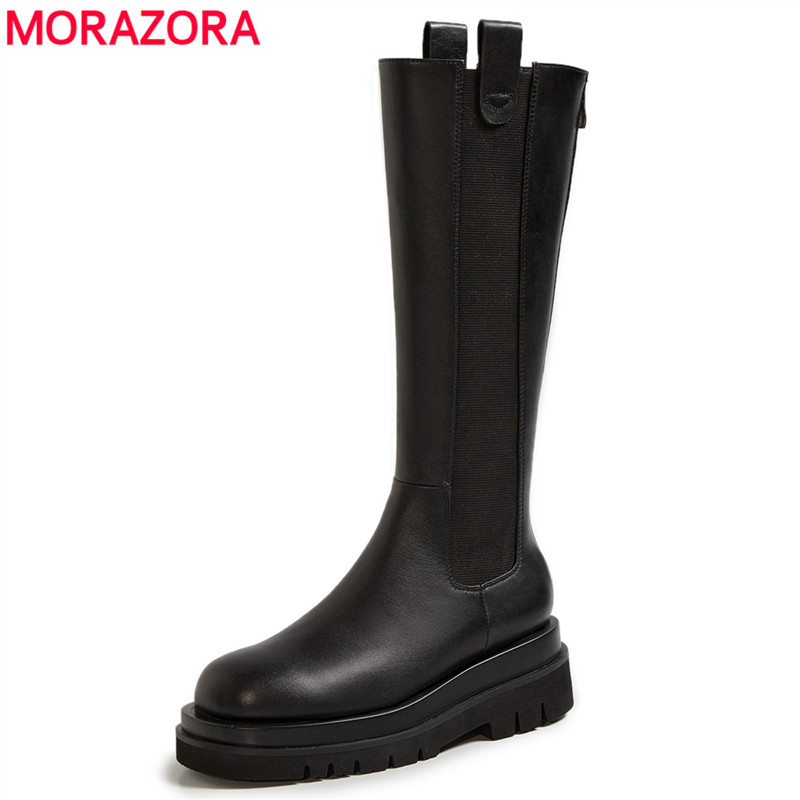 

MORAZORA Size 34-43 New Genuine Leather Boots Women Chunky Platform Knee High Boots Female Winter Motorcycle Zip Shoes, Black short fur
