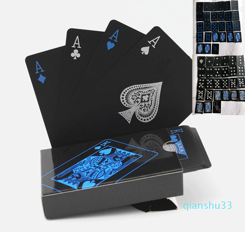 

Wholesale-Water Proof Pure Black PVC Poker Pure Black Cards Blue Silver Font Magic Playing Cards 63mm * 88(MM) 140g