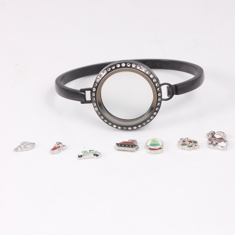 

Black Crystal Stainless Steel Floating Locket Bangles Round Screw Plain Floating Living Locket Bracelets Bangles 6pcs