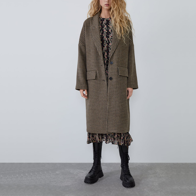 

Autumn female coat casual plaid pocket decorative coat, Brown