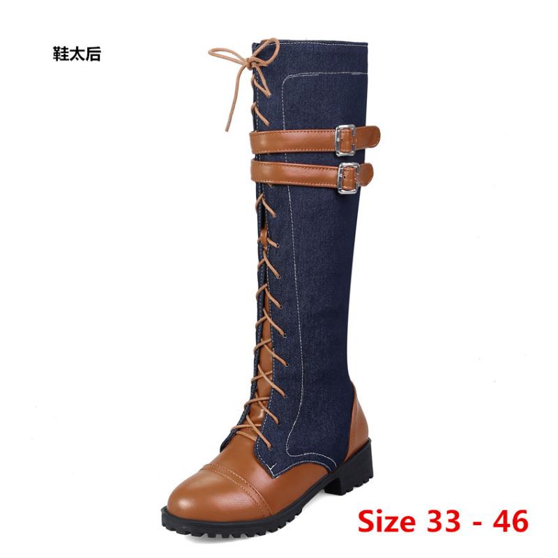 

Low Med Heel Women Knee High Boots Denim Low Med Heels Autumn Woman Shoes Winter Women Long Boots Small Big Size 33 - 46, Beige