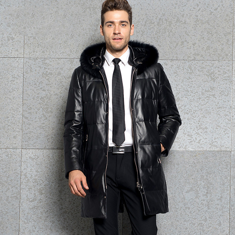 

Genuine Leather Jacket Men Hooded Sheepskin Men's Real Leather Jackets Warm Duck Down Coat Fashion Jaqueta Couro 3376 YY472, Black