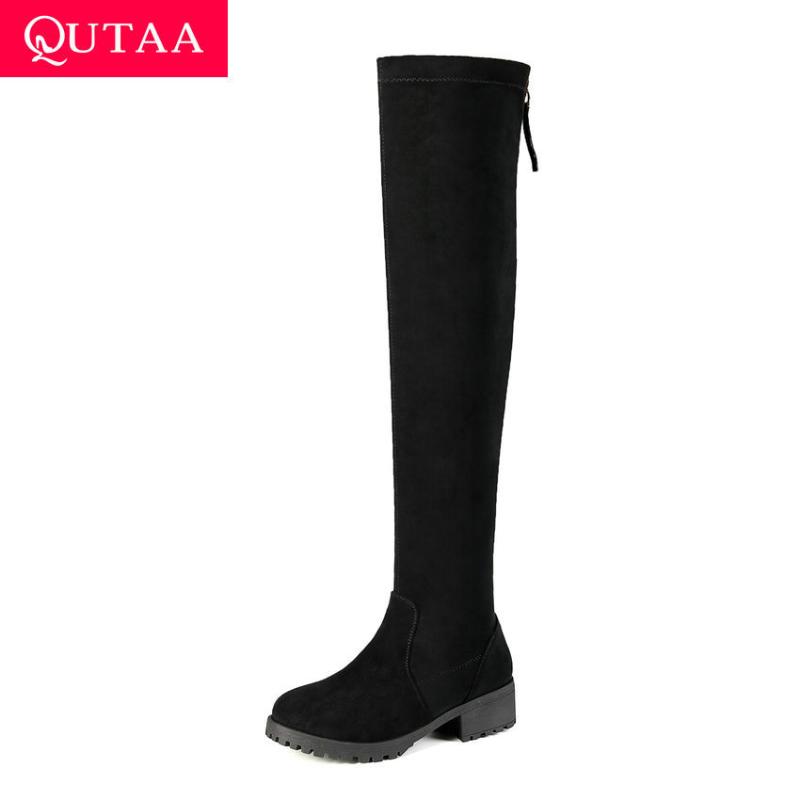 

QUTAA 2020 Zipper Round Toe Flock Winter Warm Fur Fashion Over The Knee Boots Middle Heel Casual Antiskid Women Shoes Size 34-39, Black