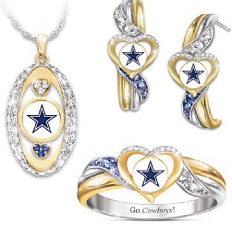 

Earrings & Necklace Four-piece Cowboy Ring Heart-shaped Two-color Electroplated Stud Pendant Set, As pic