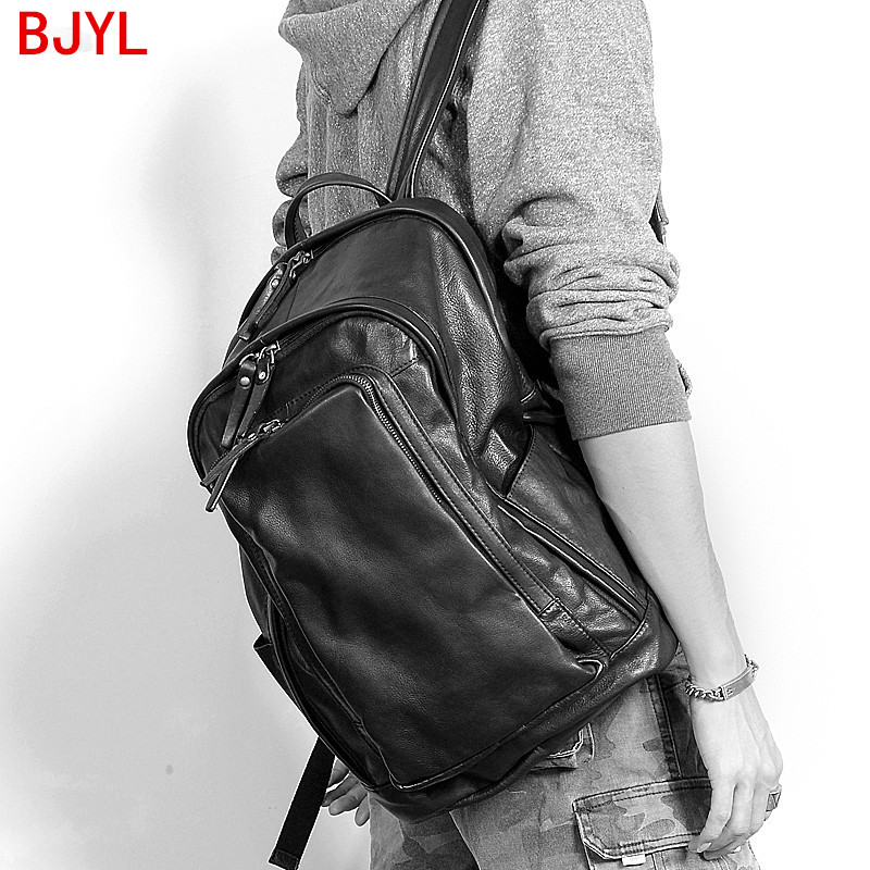 

Men Backpack Fashion Genuine Leather Laptop Bag Travel Backpacks Shoulder Bags Male School Backpack Cowhide Leather Simple Solid, Black