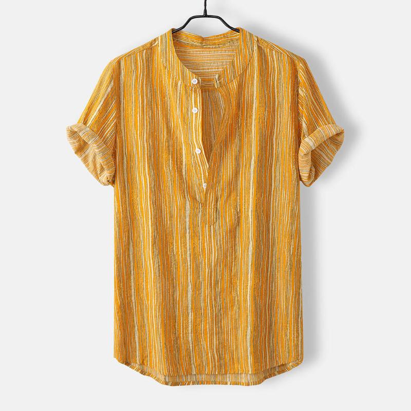 

2020 Men's Casual Beach Shirts Fashion Summer Plus Size Button Stand Collar Strip Print Short Sleeve Shirt Top camisa masculina, Yellow