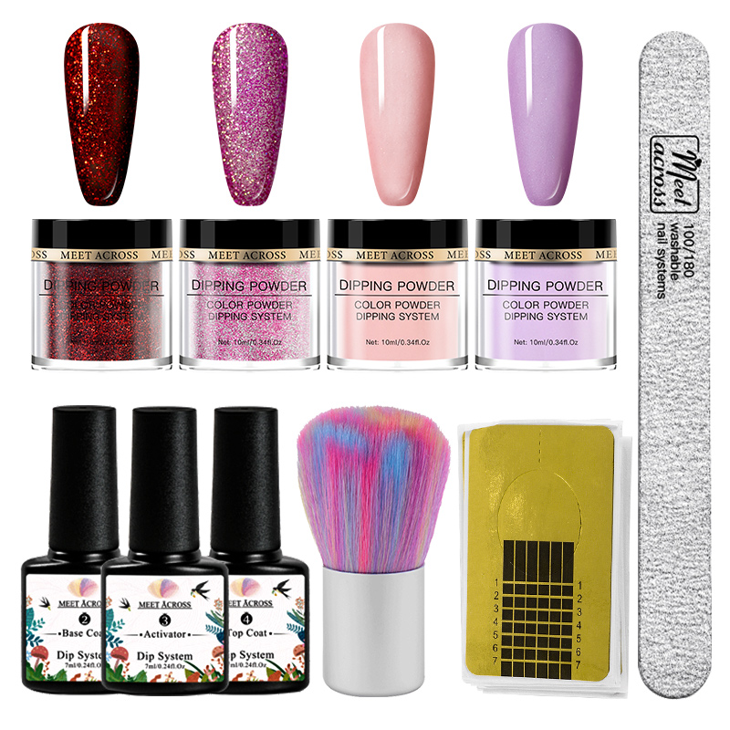 

MEET ACROSS Dipping Nail Glitter Powder Kits Purple Gradient French Chrome Pigment Set Natural Fast Dry Without Lamp Cure
