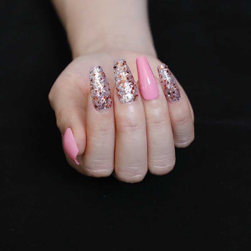 

24pcs Irregular Sequins Decorative False Nails Patch Pink Color Ballet Coffin Full Cover Wearable Nail DIY Beauty Tools, As show