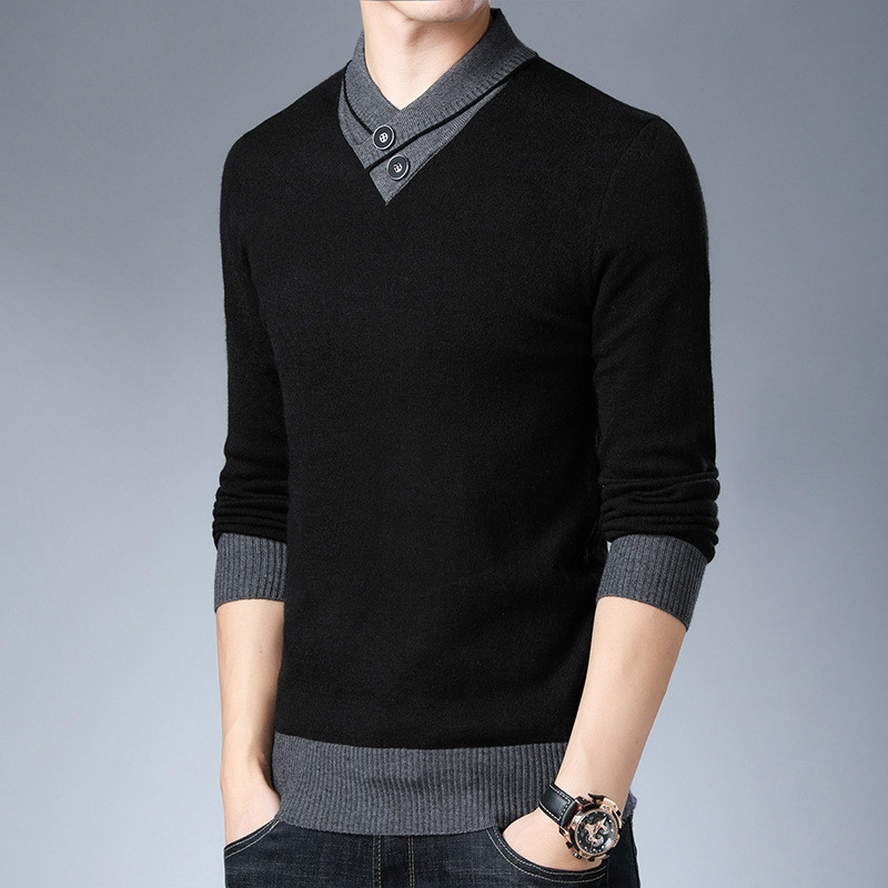 

Top Brand Men Sweater New Thick Men'S Pullover Sweater Slim Fold Collar V Neck Mens Pull Homme 2020 Winter, Black