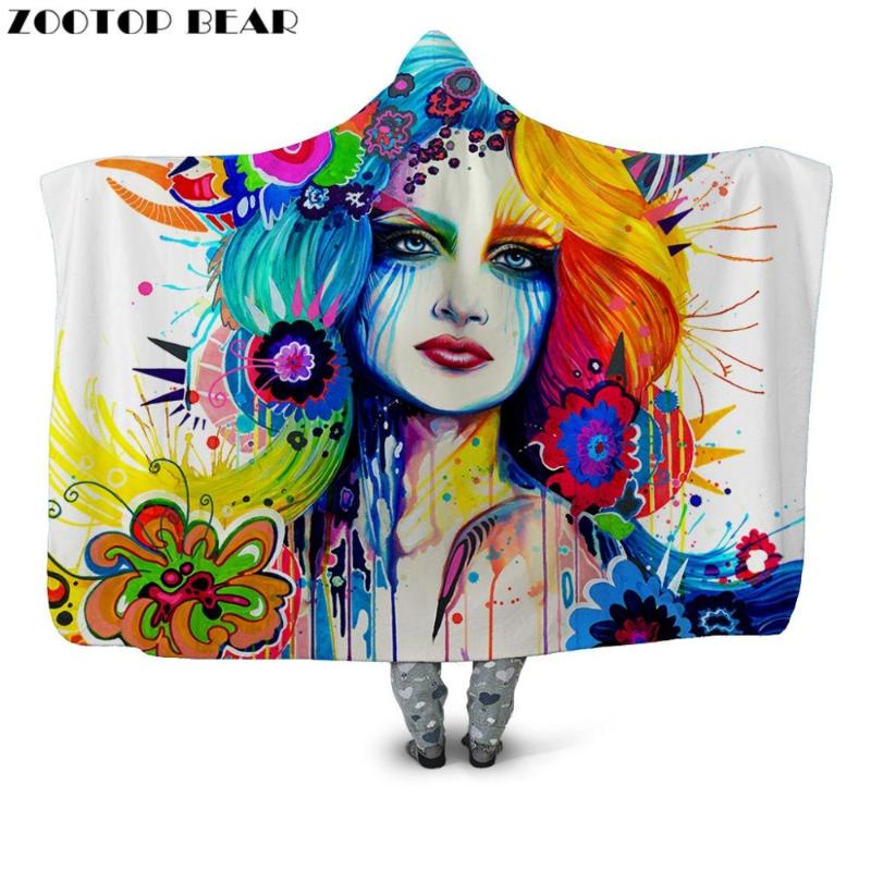 

Personality Hooded Blanket Fashion Feather 3D print Hot Adult Wearable Cloak Flower Female Quilts Bedding Soft Fleece Blankets
