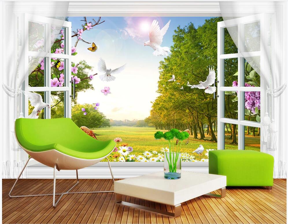 

WDBH 3d wallpaper custom photo Scenery outside the window woods white dove meadow room home decor 3d wall murals wallpaper for walls 3 d, Non-woven