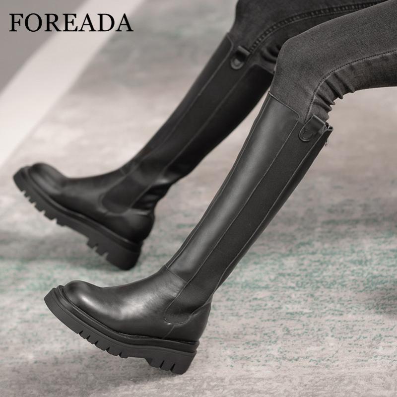 

FOREADA Natural Genuine Leather Knee High Boots High Heel Women Boots Platform Block Heel Long Zipper Ladies Shoes Black, Black velvet lining