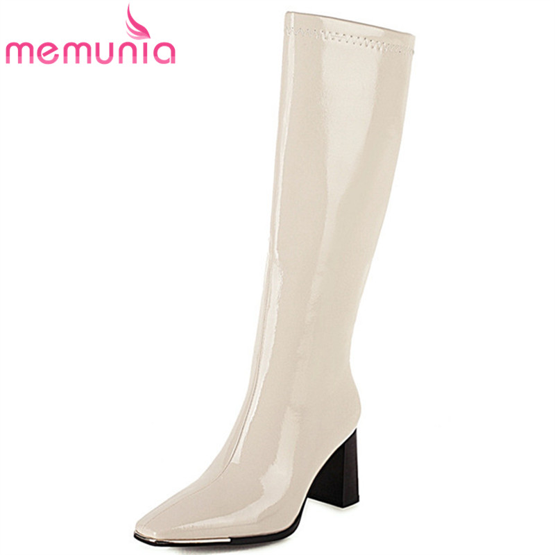 

MEMUNIA 2020 big size 48 hot sale knee high boots women Metal decoration square toe high heel boots ladies party shoes, Beige