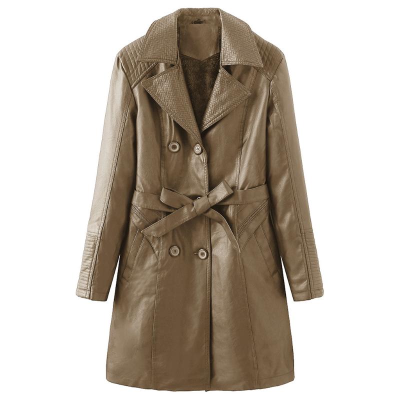 

Women' Leather Windbreaker 2020 Spring Autumn Ladies Long Faux PU Leather Dust Coat Thicked Fleece Windproof Warm Casual Jacket, Black