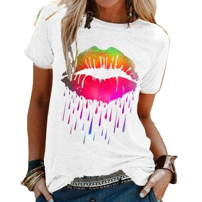 

Colorful Tie Dye Lip Printed T-shirt Summer Women' Street Short Sleeve O Neck Loose Fashion Casual T-shirt 2020 Female Top, Black