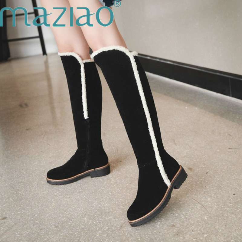 

Fashion Winter New Arrive Women Boots Black Flock Faux Fur Knee High Boots Med Heel Round Toe Big Size 34-43 Women MAZIAO