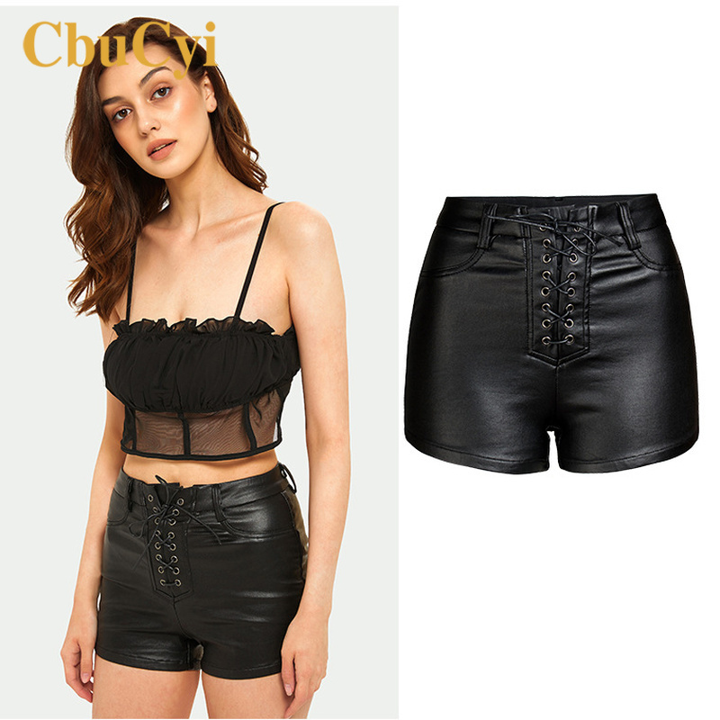Women Sexy Black PU Leather Shorts Skinny High-waisted Stretch Faux Leather Shorts Womens Club Wear Cotton Short Jeans Plus Size-image-569513184