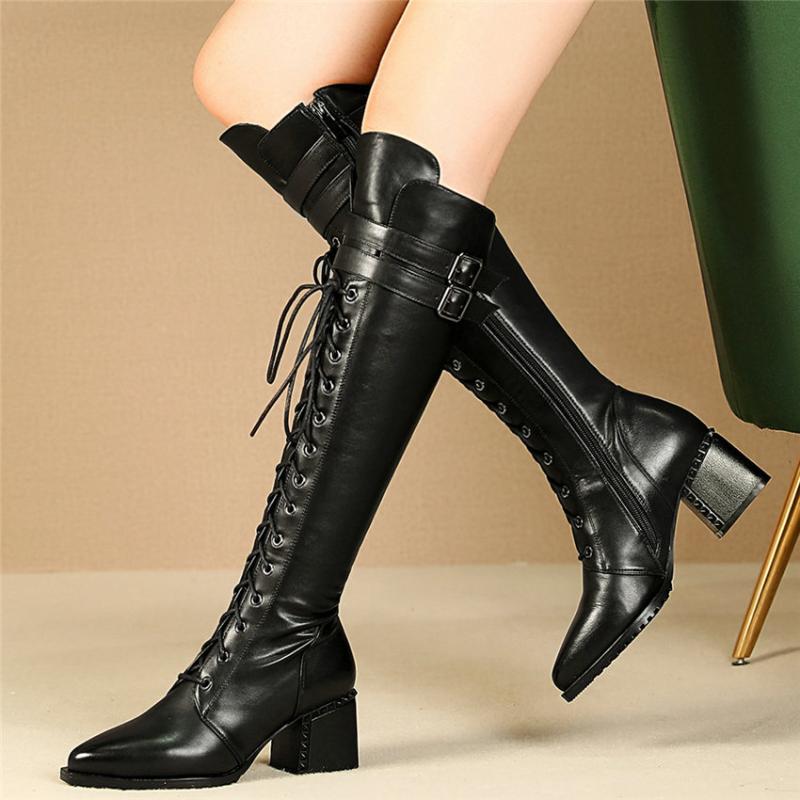 

Women Lace Up Strappy Cow Leather Knee High Boots Pointed Toe Chunky High Heels Party Pumps Punk Goth Winter Thigh Booties, Black