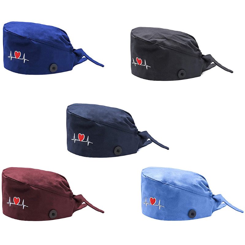 

Unisex Heart Embroidery Scrub Cap with Button Mask Holder Sweatband Working Adjustable Tie Back Bouffant Hat