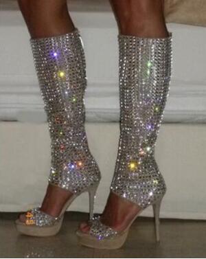 

2020 Summer Brand Women Open Toe Rhinestone Bling Bling High Platform Gladiator Boots Cut-out Knee High Crystal Heel Boots, As picture