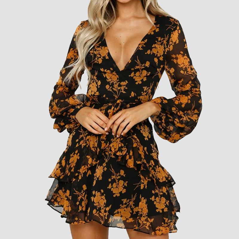 

Paris Girl Sexy Summer Autumn Women Chiffon Dress See Through Long Sleeve Floral Printed Dresses V Neck Short Mini Female, Black