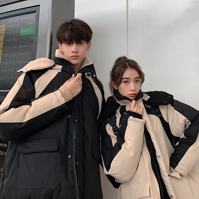 

Winter New Lamb Wool Jacket Men Thick Warm Fashion Contrast Color Casual Hooded Coat Streetwear Versatile Cotton Male Clothes, Black