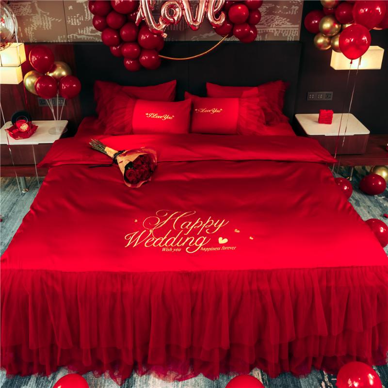

4pcs Luxury Wedding Bed Spread Unique Black White Chinese Big Red Bedding Sheets Double King Size Bedlinen Queen Duvet Cover Set, 11