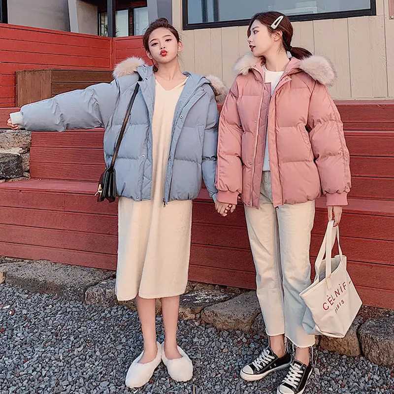 

winter short cotton coat woman parkas faux fur hooded solid blackpink puffer jacket korean elegant thick warm clothes women tops, Black