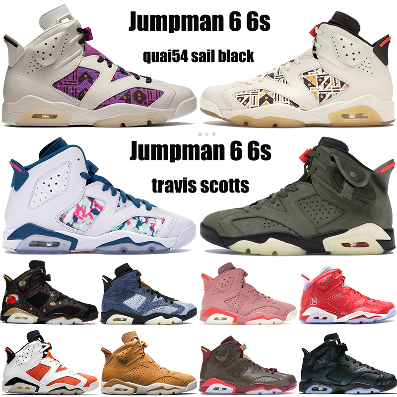 

2020 new Jupman 6 6s basketball shoes quai54 sail black brown travis scotts washed denimaleali may CNY outdoor mens Sneakers US 7-13, Travis yellow