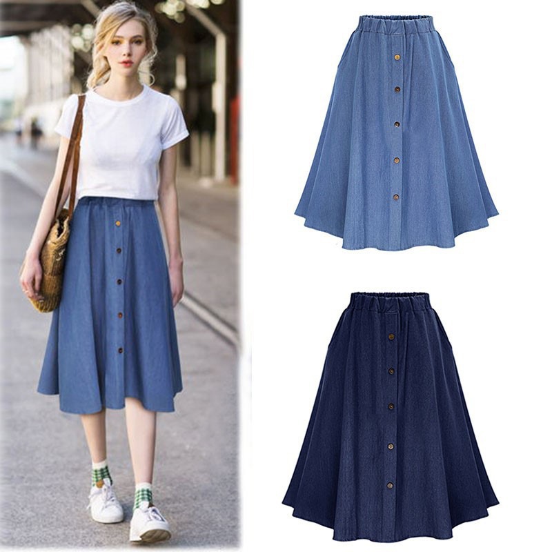 

Blackday Hot New Preppy Style Denim Skirt Women Solid Color Long Skirts Empire Waist Female Big Hem Casual Button Jeans Skirt New, Blue